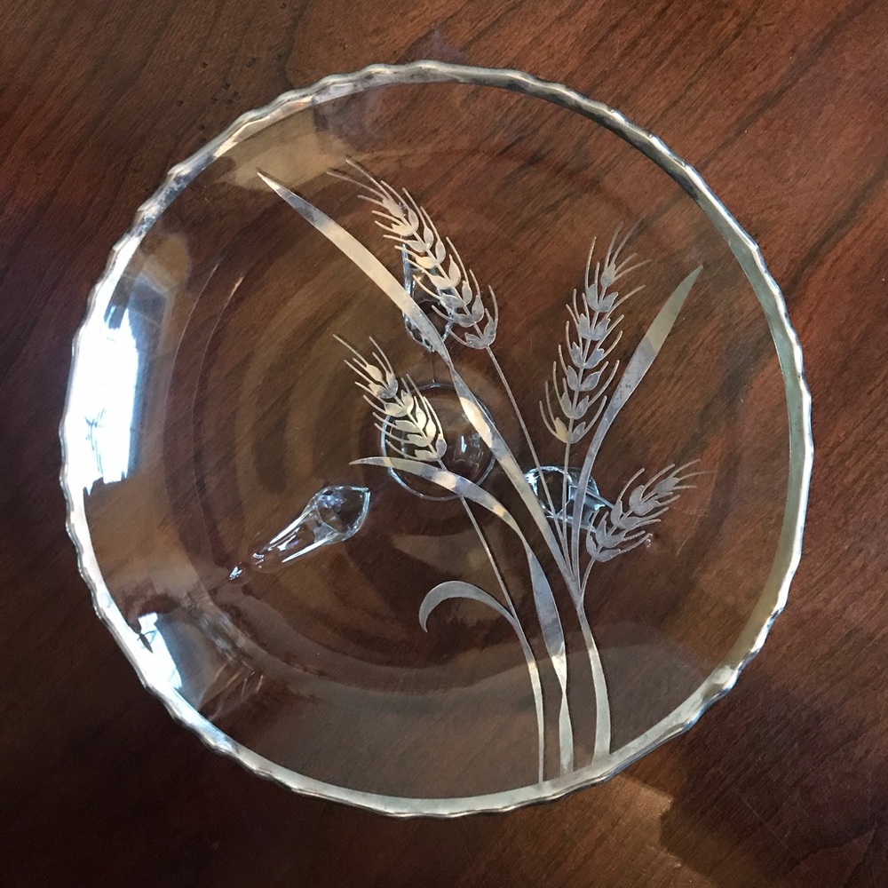 Mid century silver overlay wheat pattern footed glass dish